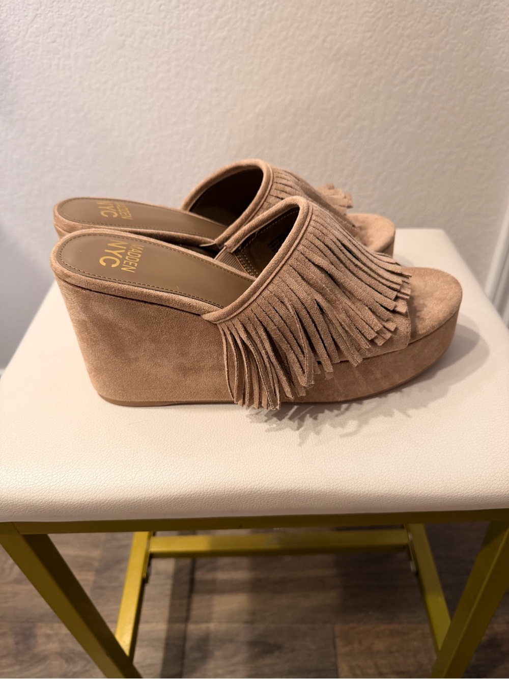 Madden NYC Beige Suede Fringe Wedge Sandals